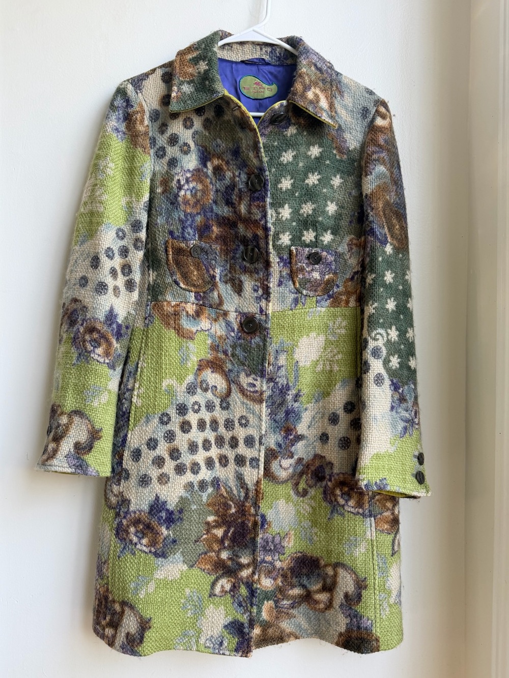 ETRO Wool Jacquard Duster Coat Womens Size 46 Patchwork Floral Velvet Trim EUC